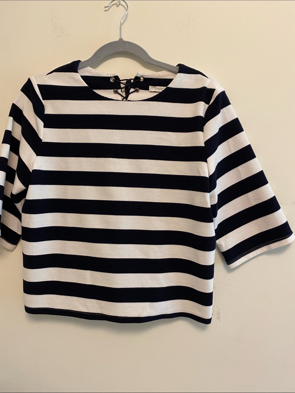 FRNCH Navy and White Striped Crewneck Top